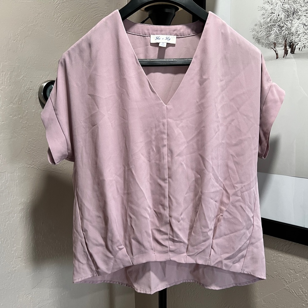 She + Sky Mauve V-Neck Cuffed Sleeve High-Low Blouse SS6398 Size Small
